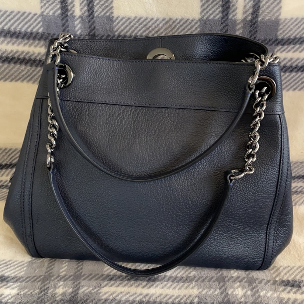 Coach Turnlock Leather Shoulder Bag Dark Navy - Picture 2 of 10